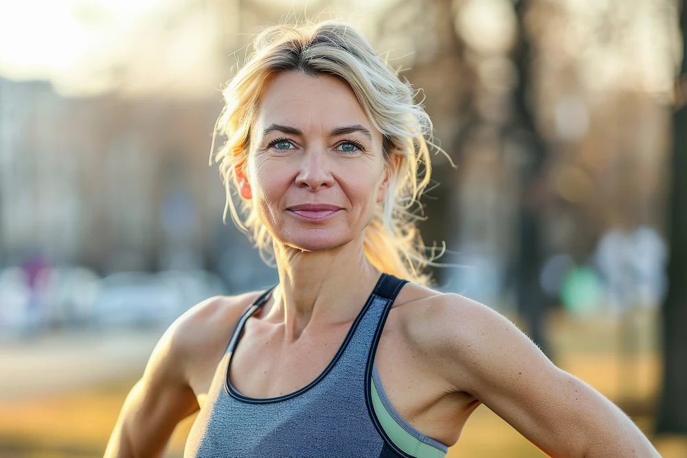 confident middle aged woman posing in sports bra